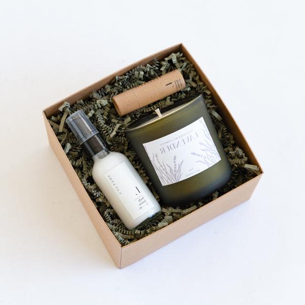 Brown small gift box containing lavender spa and home essentials